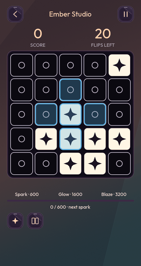 Development preview: the Ember Studio board in high contrast, with cream lit tiles, outlined dark sockets and sky-blue previews