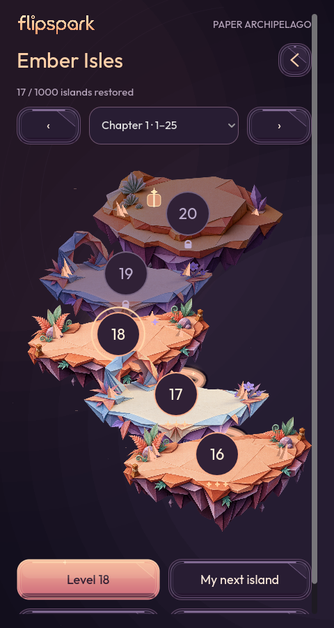 Development preview: floating paper islands on the Ember Isles map