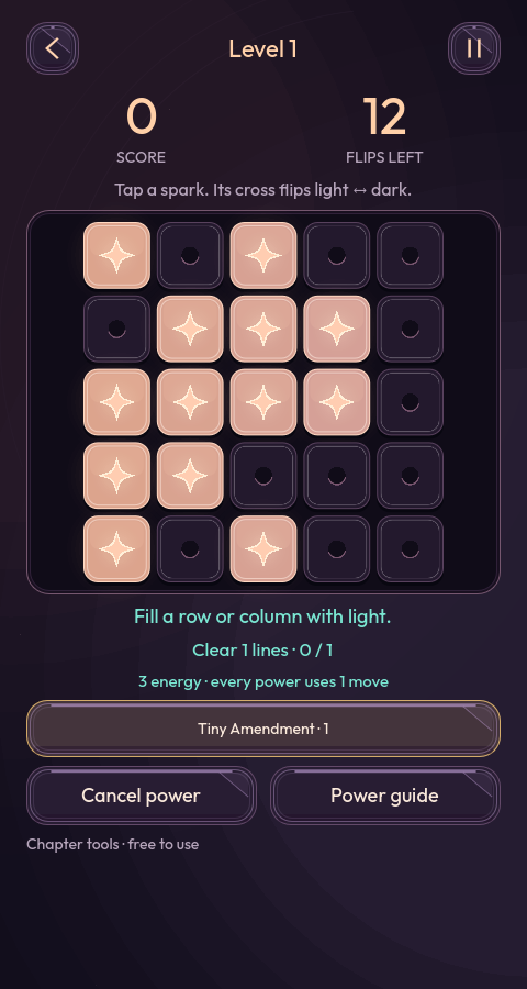 Development preview: level one light-flipping board with twelve moves and a free chapter power
