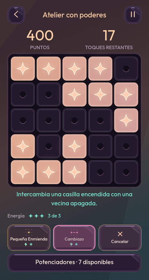 Vista previa de desarrollo: un tablero del Atelier con poderes con dos poderes equipados y potenciadores