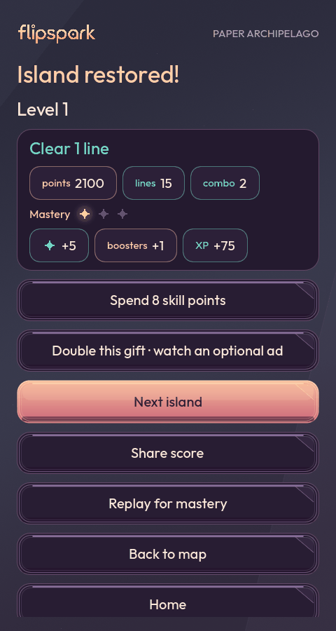 Development preview: island results with points, mastery, rewards and an optional ad to double the gift